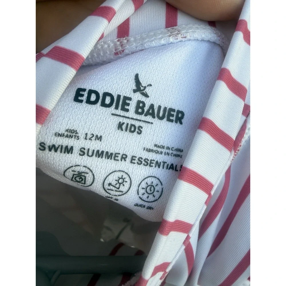 Eddie Bauer Toddler Girls Pink & White Stripped Ruffle Swimsuit Size‎ 12 Months